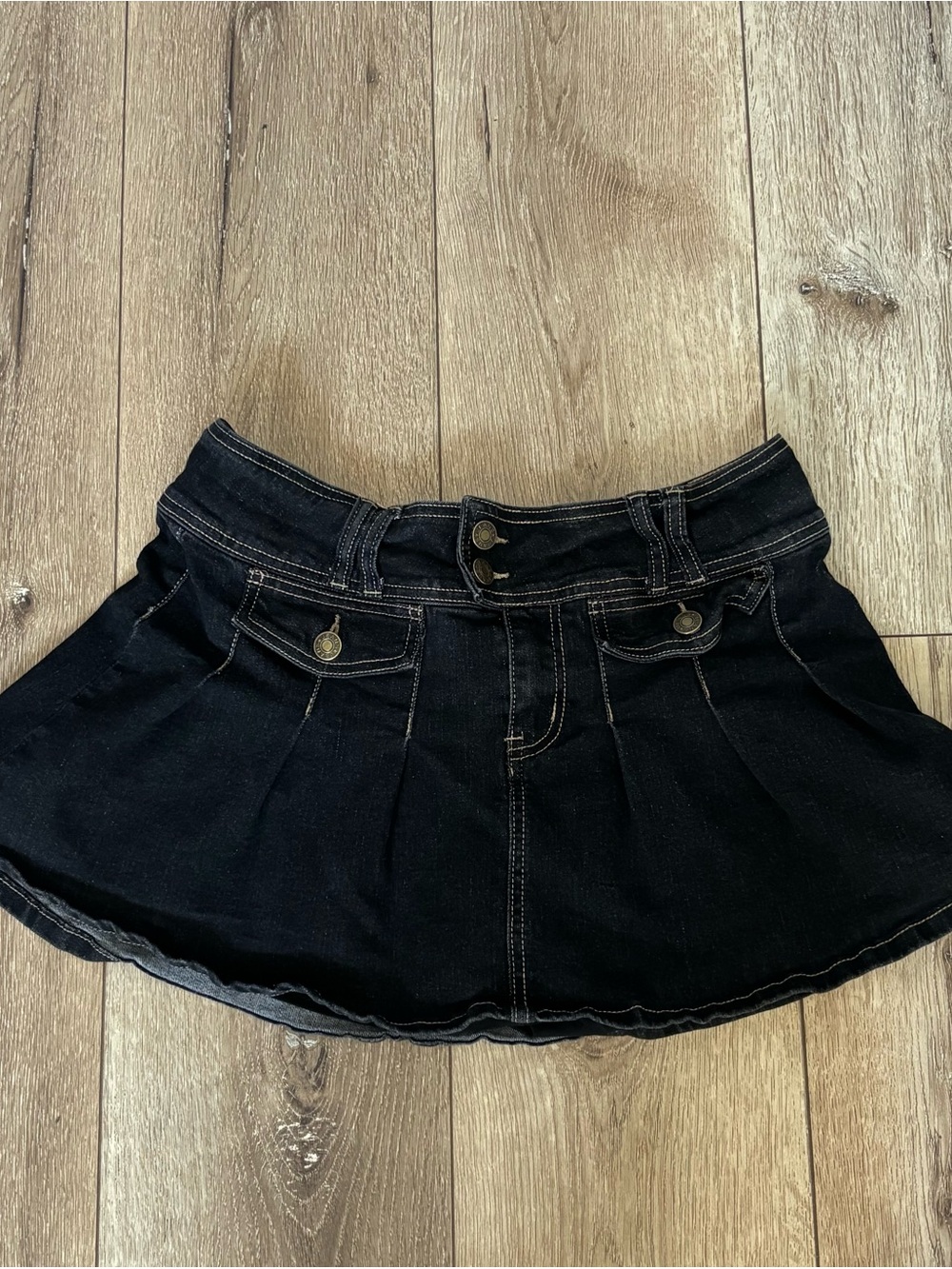 Black Denim Mini Skirt with Pleated Flare